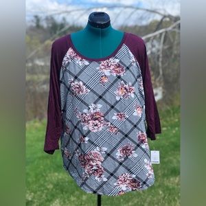 ** Signature Studio Raglan Tee Maroon Floral Plaid